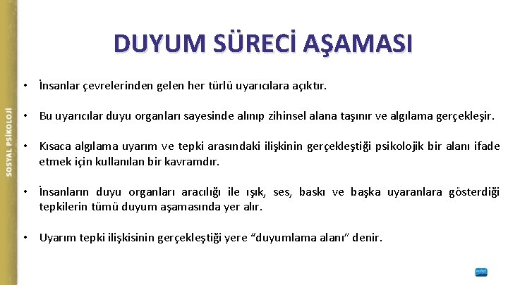 DUYUM SÜRECİ AŞAMASI • İnsanlar çevrelerinden gelen her türlü uyarıcılara açıktır. • Bu uyarıcılar