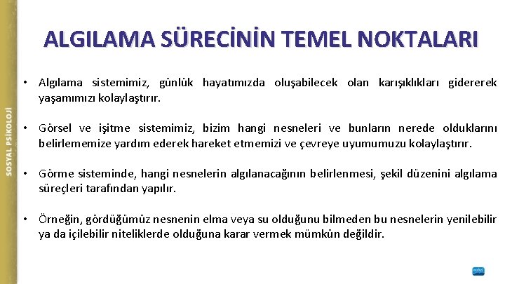 ALGILAMA SÜRECİNİN TEMEL NOKTALARI • Algılama sistemimiz, günlük hayatımızda oluşabilecek olan karışıklıkları gidererek yaşamımızı