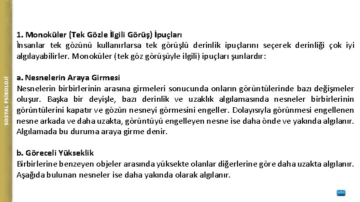 1. Monoküler (Tek Gözle İlgili Görüş) İpuçları İnsanlar tek gözünü kullanırlarsa tek görüşlü derinlik