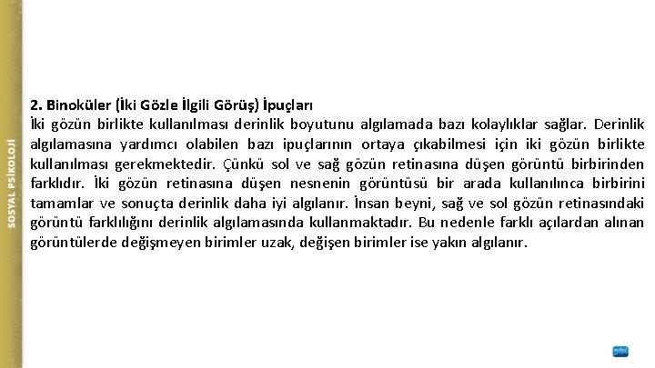 2. Binoküler (İki Gözle İlgili Görüş) İpuçları İki gözün birlikte kullanılması derinlik boyutunu algılamada