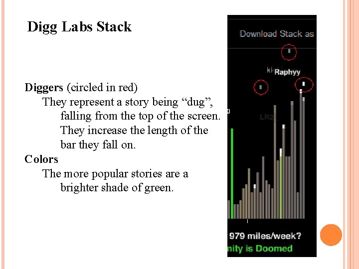 Digg Labs Stack Diggers (circled in red) They represent a story being “dug”, falling