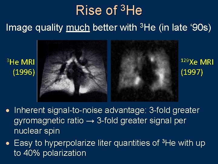 Rise of 3 He Image quality much better with 3 He (in late ‘