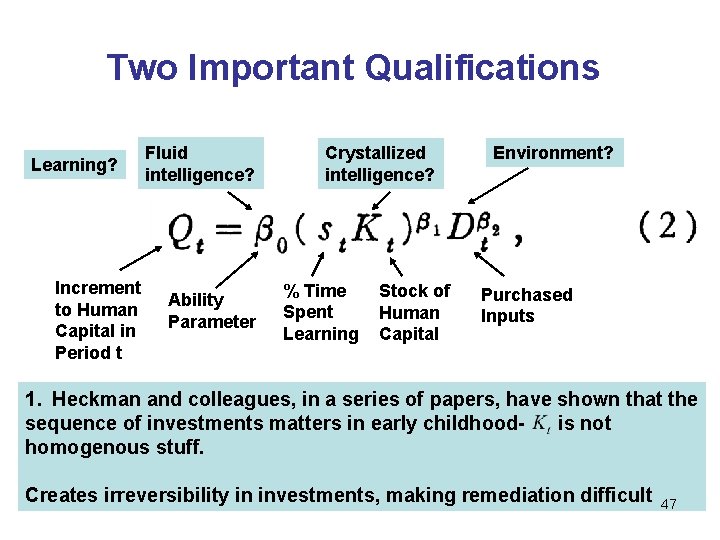 Two Important Qualifications Learning? Increment to Human Capital in Period t Fluid intelligence? Ability