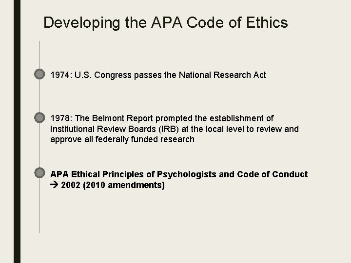 Developing the APA Code of Ethics 1974: U. S. Congress passes the National Research