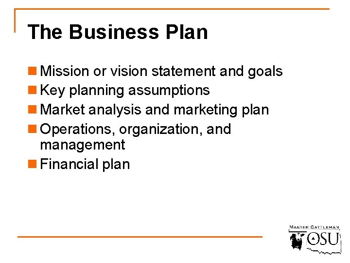 The Business Plan n Mission or vision statement and goals n Key planning assumptions