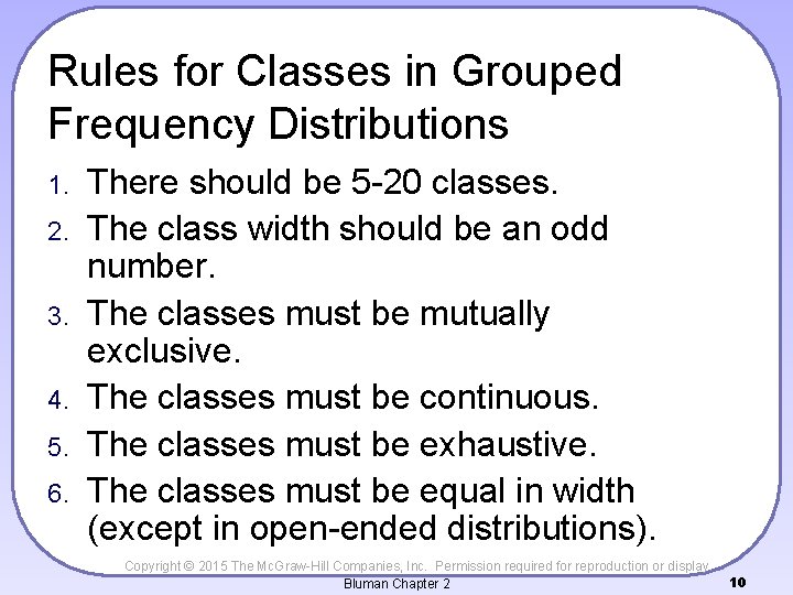 Rules for Classes in Grouped Frequency Distributions 1. 2. 3. 4. 5. 6. There