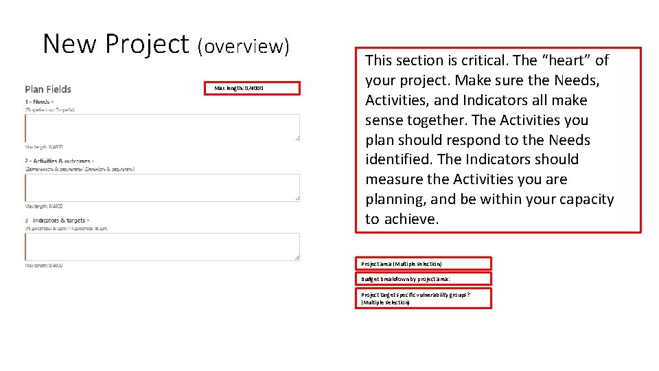 New Project (overview) Max length: 0/4000 This section is critical. The “heart” of your