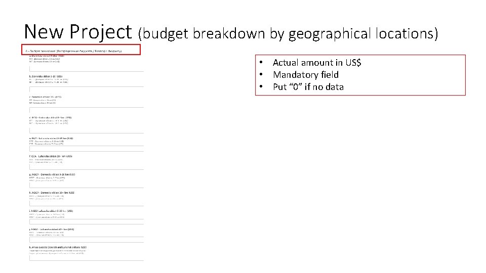 New Project (budget breakdown by geographical locations) • Actual amount in US$ • Mandatory