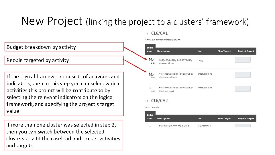 New Project (linking the project to a clusters’ framework) Budget breakdown by activity People