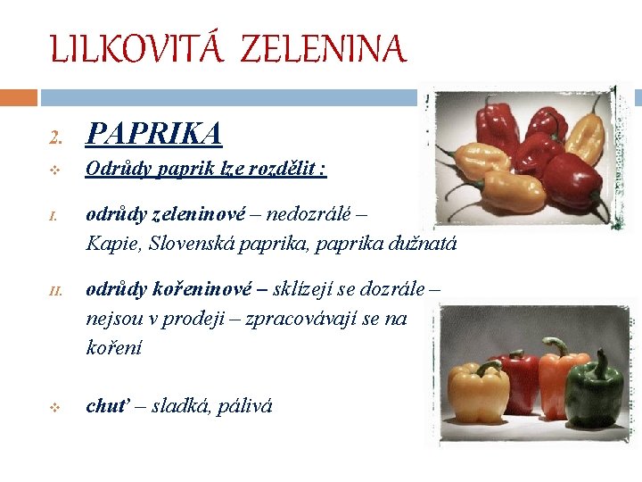 LILKOVITÁ ZELENINA 2. PAPRIKA v Odrůdy paprik lze rozdělit : I. II. v odrůdy