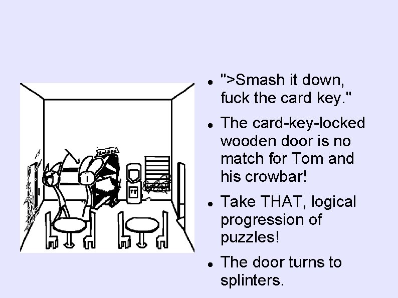  ">Smash it down, fuck the card key. " The card-key-locked wooden door is