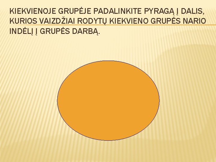 KIEKVIENOJE GRUPĖJE PADALINKITE PYRAGĄ Į DALIS, KURIOS VAIZDŽIAI RODYTŲ KIEKVIENO GRUPĖS NARIO INDĖLĮ Į