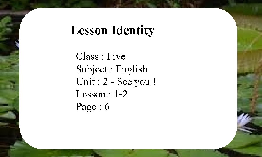 Lesson Identity Class : Five Subject : English Unit : 2 - See you