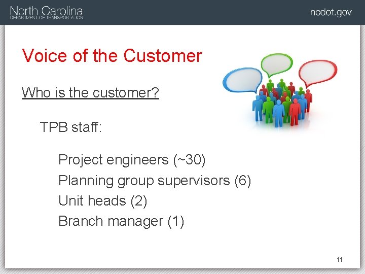 Voice of the Customer Who is the customer? TPB staff: Project engineers (~30) Planning