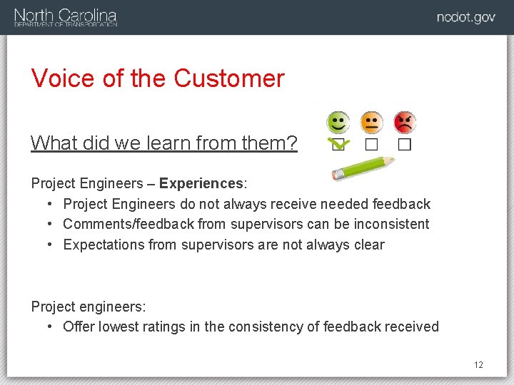 Voice of the Customer What did we learn from them? Project Engineers – Experiences: