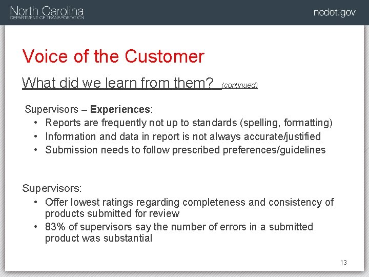 Voice of the Customer What did we learn from them? (continued) Supervisors – Experiences: