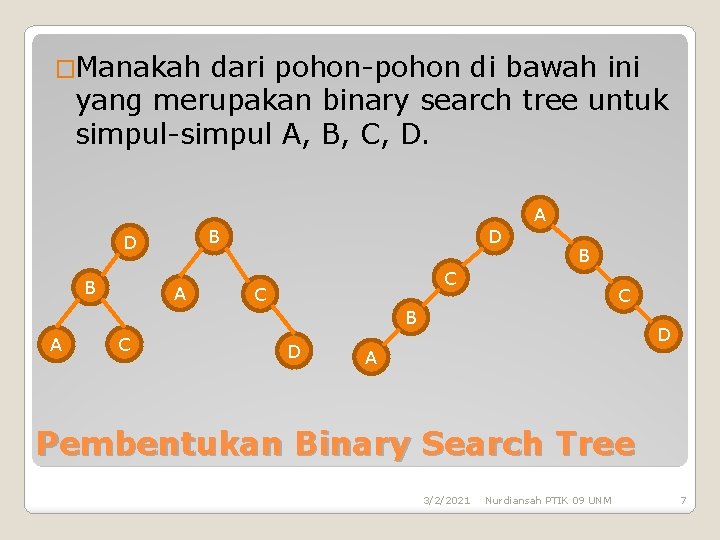 �Manakah dari pohon-pohon di bawah ini yang merupakan binary search tree untuk simpul-simpul A,