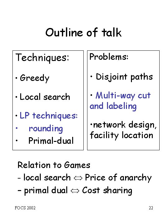 Outline of talk Techniques: Problems: • Greedy • Disjoint paths • Local search •