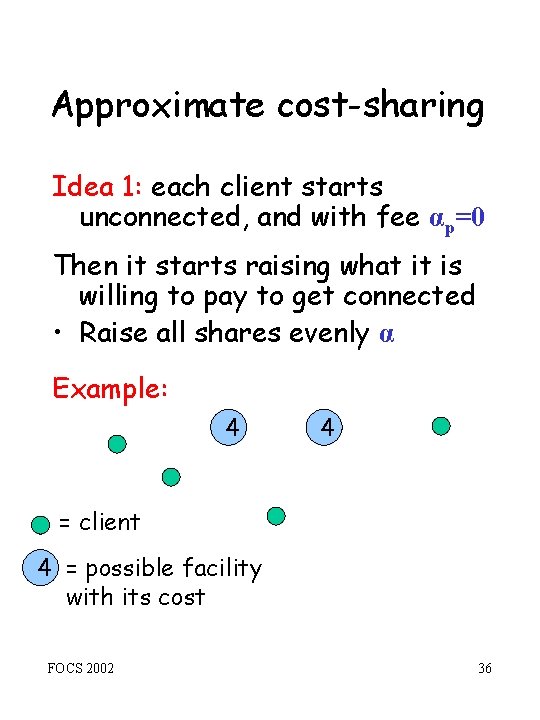 Approximate cost-sharing Idea 1: each client starts unconnected, and with fee αp=0 Then it