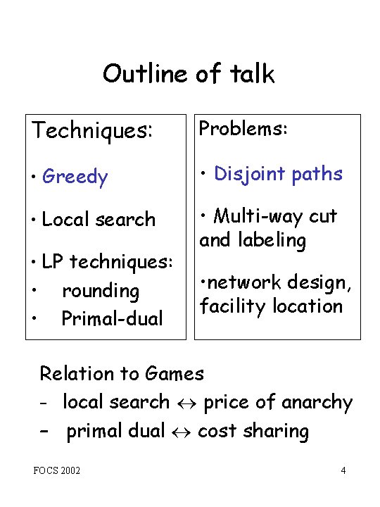 Outline of talk Techniques: Problems: • Greedy • Disjoint paths • Local search •