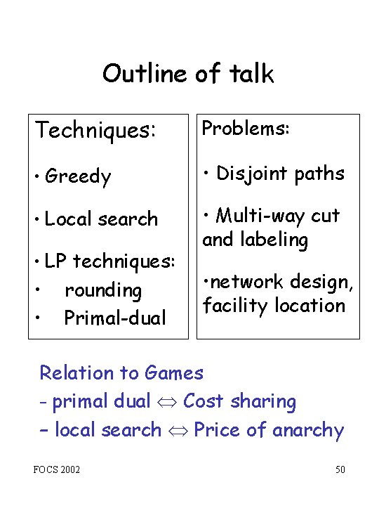 Outline of talk Techniques: Problems: • Greedy • Disjoint paths • Local search •