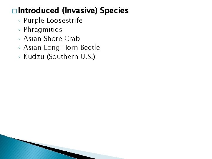 � Introduced ◦ ◦ ◦ (Invasive) Species Purple Loosestrife Phragmities Asian Shore Crab Asian