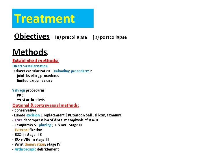 Treatment Objectives : (a) precollapse (b) postcollapse Methods: Established methods: Direct vascularization Indirect vascularization Treatment Objectives : (a) precollapse (b) postcollapse Methods: Established methods: Direct vascularization Indirect vascularization