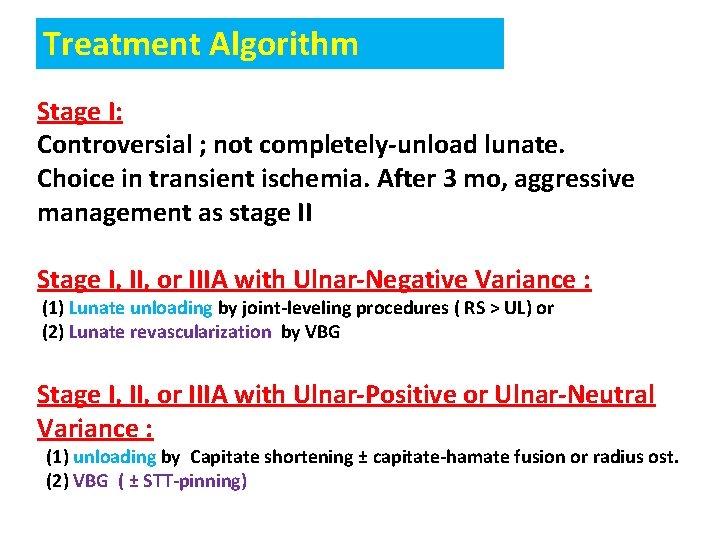 Treatment Algorithm Stage I: Controversial ; not completely-unload lunate. Choice in transient ischemia. After