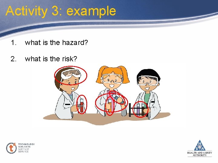 Activity 3: example 1. what is the hazard? 2. what is the risk? 