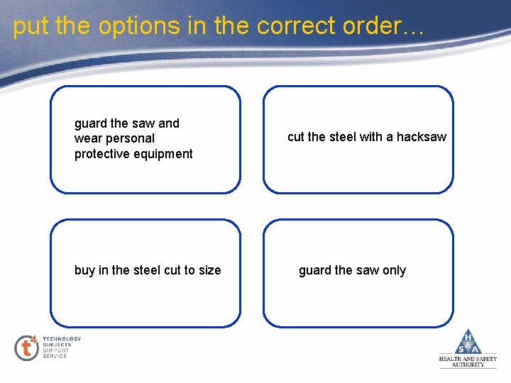 put the options in the correct order… guard the saw and wear personal protective