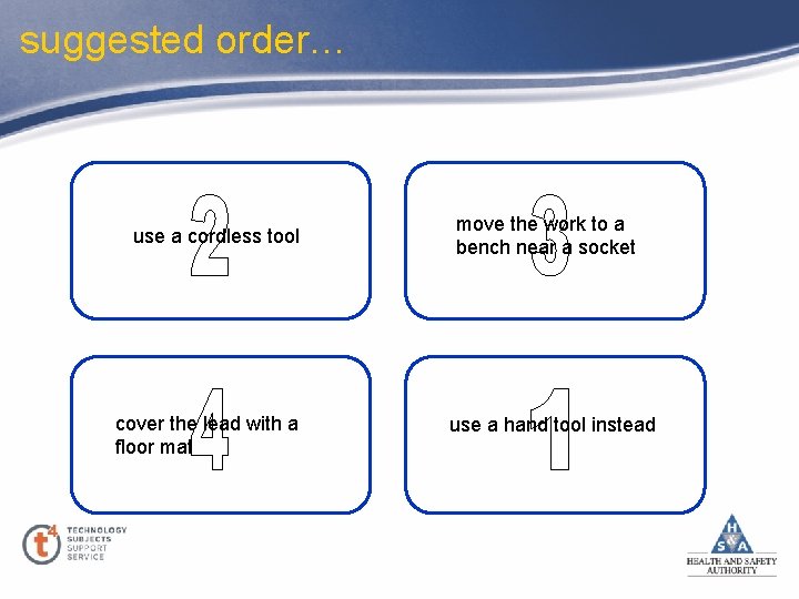 suggested order… use a cordless tool cover the lead with a floor mat move