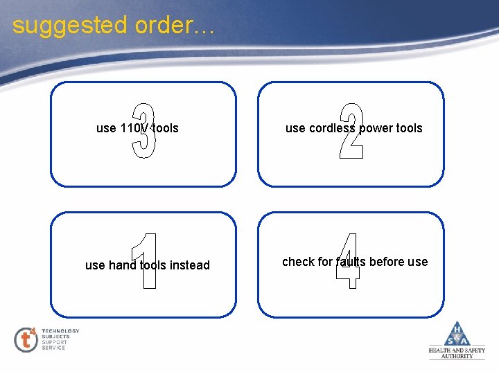 suggested order… use 110 V tools use hand tools instead use cordless power tools