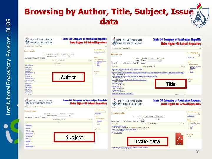 Institutional Repository Services : BHOS Browsing by Author, Title, Subject, Issue data Author Title
