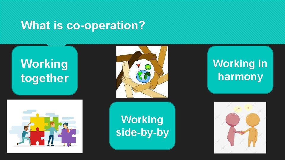 What is co-operation? Working together Working in harmony Working side-by-by 