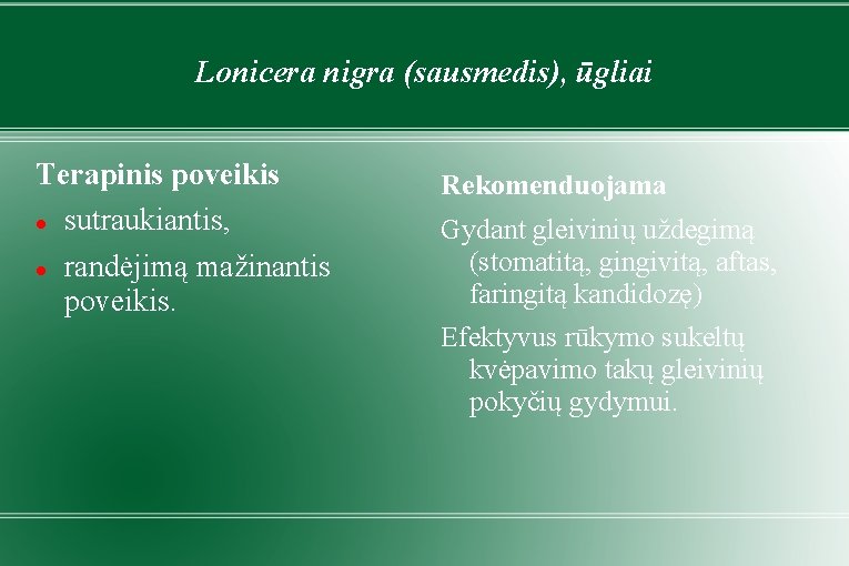 Lonicera nigra (sausmedis), ūgliai Terapinis poveikis sutraukiantis, randėjimą mažinantis poveikis. Rekomenduojama Gydant gleivinių uždegimą