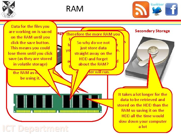 RAM Data for the files you are working on is saved. Storage Primary on