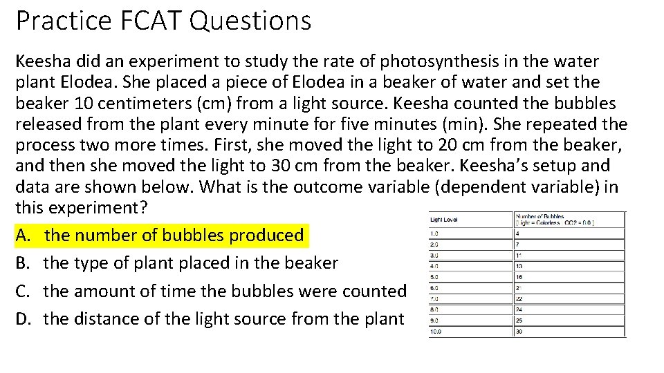 Practice FCAT Questions Keesha did an experiment to study the rate of photosynthesis in