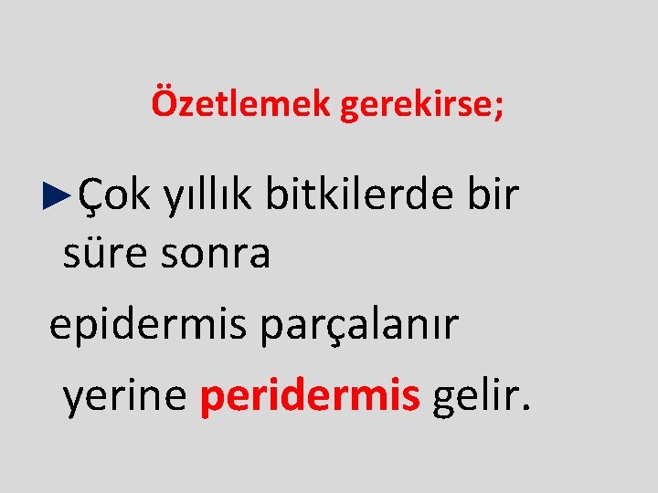 Özetlemek gerekirse; ►Çok yıllık bitkilerde bir süre sonra epidermis parçalanır yerine peridermis gelir. 