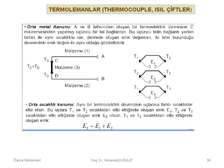 TERMOLEMANLAR (THERMOCOUPLE, ISIL ÇİFTLER) Ölçme Yöntemleri Doç. Dr. Hüsamettin BULUT 30 