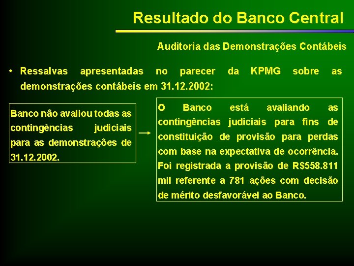 Resultado do Banco Central Auditoria das Demonstrações Contábeis • Ressalvas apresentadas no parecer demonstrações
