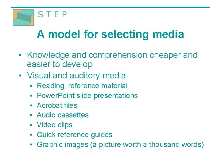 A model for selecting media • Knowledge and comprehension cheaper and easier to develop