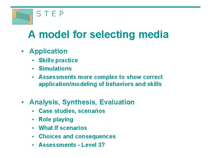 A model for selecting media • Application • Skills practice • Simulations • Assessments