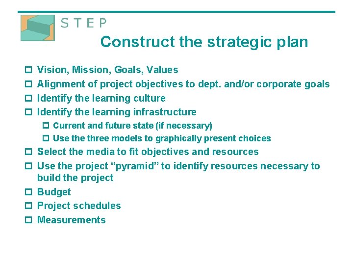 Construct the strategic plan p p Vision, Mission, Goals, Values Alignment of project objectives