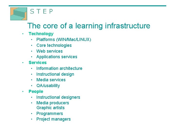The core of a learning infrastructure • • • Technology • Platforms (WIN/Mac/LINUX) •