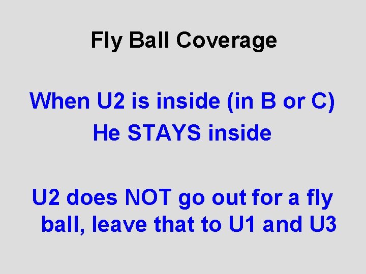 Fly Ball Coverage When U 2 is inside (in B or C) He STAYS