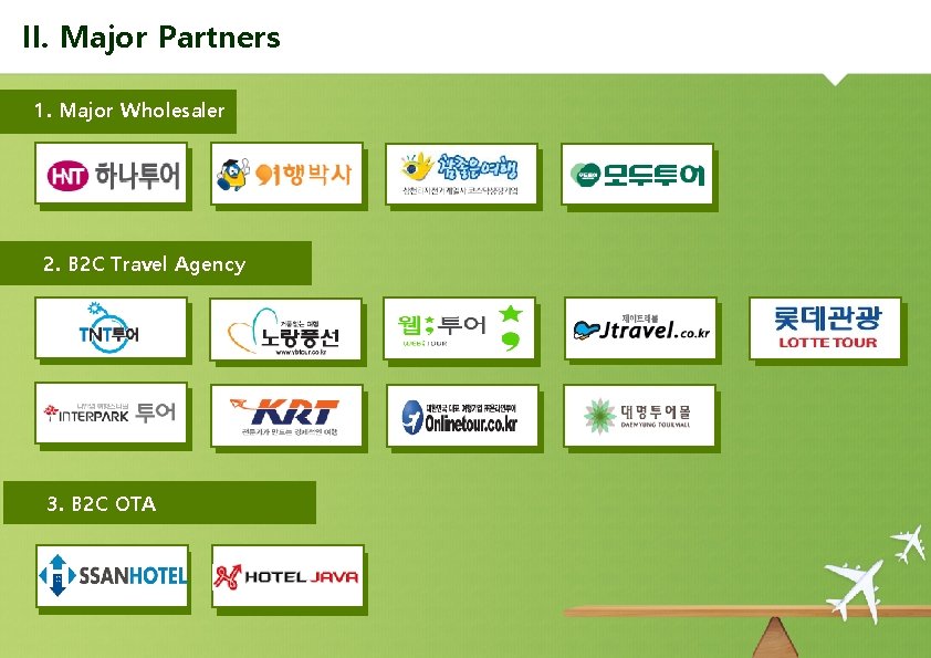 II. Major Partners 1. Major Wholesaler 2. B 2 C Travel Agency 3. B