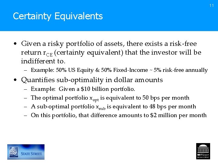 11 Certainty Equivalents • Given a risky portfolio of assets, there exists a risk-free