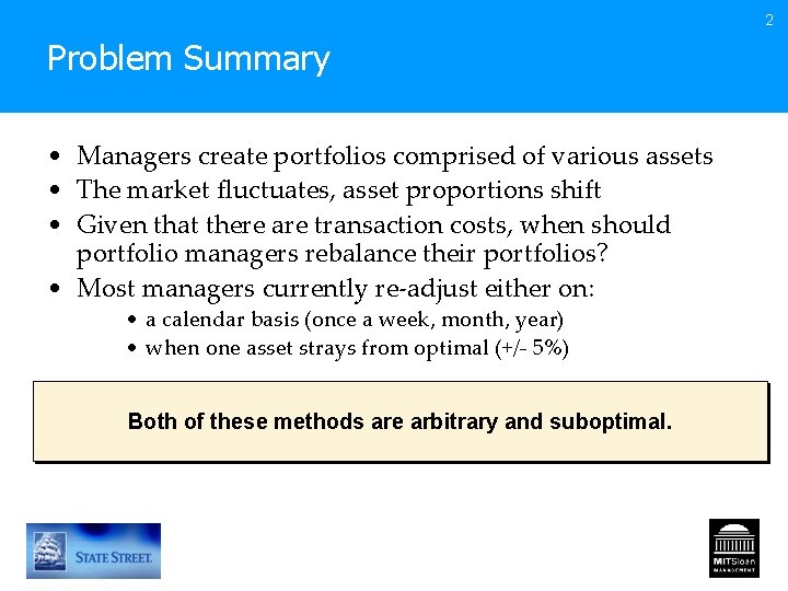 2 Problem Summary • Managers create portfolios comprised of various assets • The market