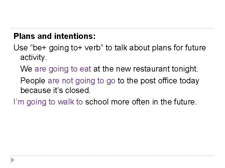 Plans and intentions: Use “be+ going to+ verb” to talk about plans for future