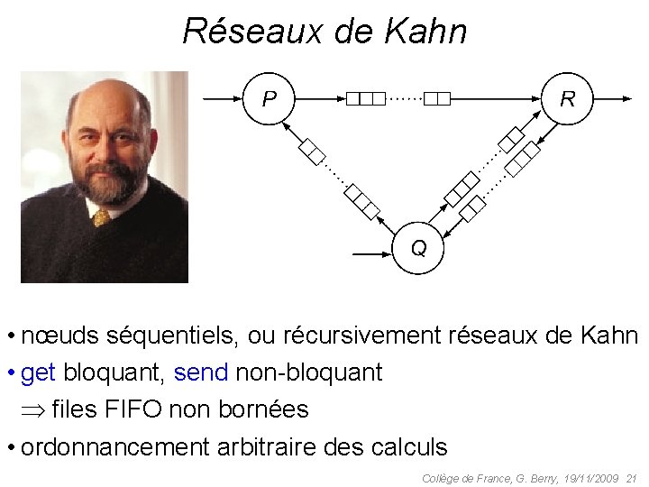Réseaux de Kahn • nœuds séquentiels, ou récursivement réseaux de Kahn • get bloquant,